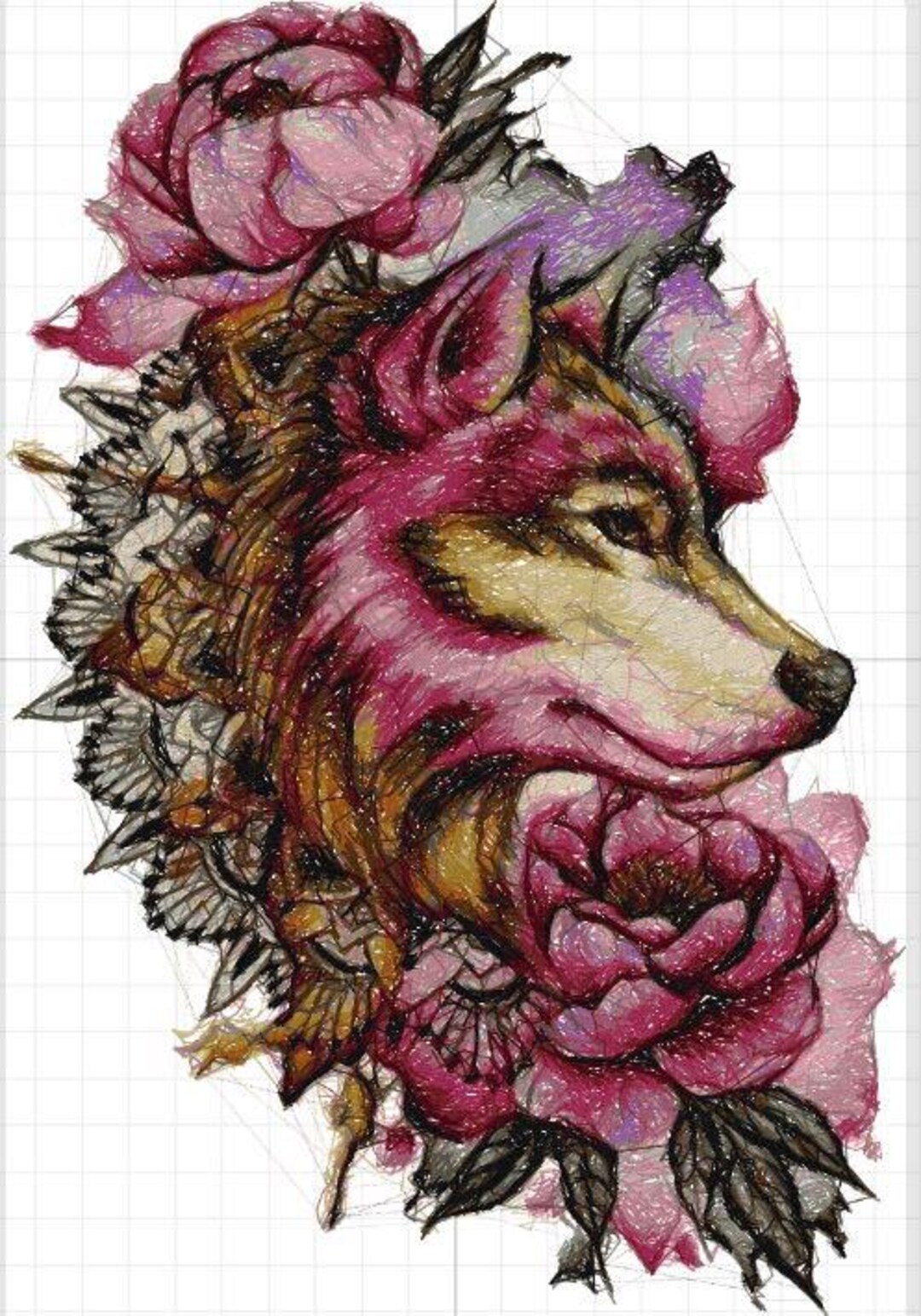 Watercolor Wolf & Roses Embroidery Design Premium Thread Painting ...