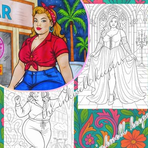 Può includere: Una collezione di illustrazioni con donne curvy in vari contesti. Un'immagine mostra una donna con un top rosso e jeans blu, un'altra raffigura una donna in abito bianco e una terza una donna in tuta. Le immagini sono in stile libro da colorare.