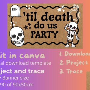 Op de afbeelding: Een rechthoekige feestbanner op een bruine achtergrond met de zwarte tekst 'til death do us PARTY. De afbeeldingen bevatten een grafsteen met RIP, een diamanten ring, sterren en een skelet. Instructies voor digitale bewerking zijn inbegrepen.