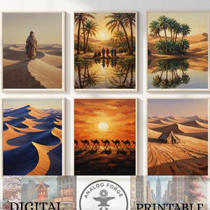 Puede incluir: Una colección de seis impresiones artísticas enmarcadas con paisajes desérticos. La obra de arte incluye escenas de dunas de arena, palmeras y figuras, con paletas de colores cálidos de naranja, amarillo y marrón. El texto "DIGITAL" y "PRINTABLE" está presente.