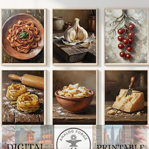 Puede incluir: Colección de seis impresiones artísticas enmarcadas con temas culinarios. Las impresiones representan platos de pasta, ajo, tomates y queso. La fila inferior incluye el texto "DIGITAL" y "PRINTABLE".