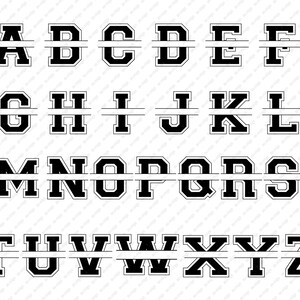 Può includere: Un alfabeto completo in un carattere audace in stile collegiale, ogni lettera divisa da una linea orizzontale. Le lettere sono nere con un contorno bianco, su sfondo bianco. Il design è pulito e adatto a varie applicazioni.