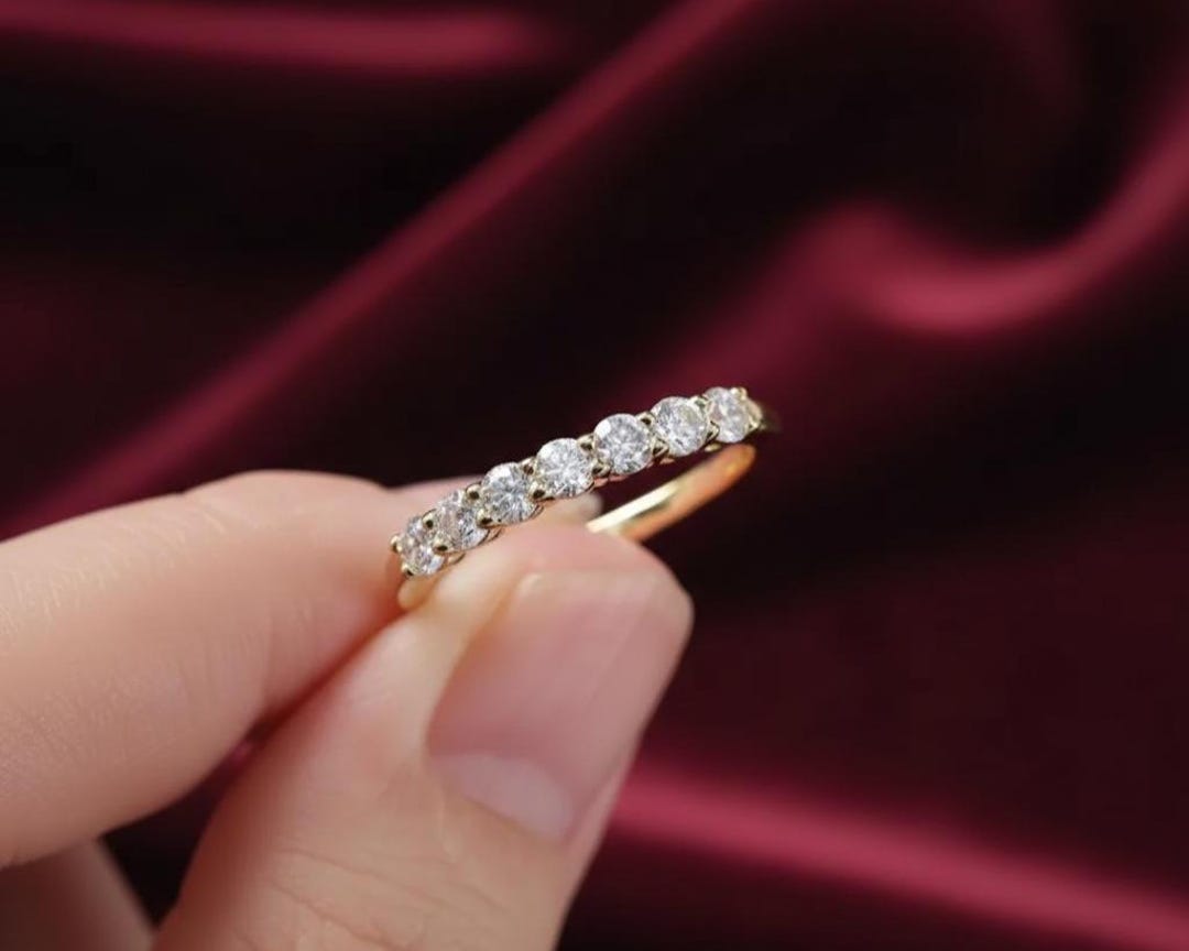 14k, 18k Gold Half Eternity Ring Moissanite Pave Band | Round Cut Half ...