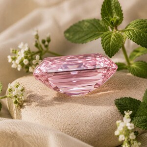 Op de afbeelding: Een gefacetteerde, rechthoekig geslepen roze edelsteen met een briljant, reflecterend oppervlak. De steen ligt op een glad, lichtgekleurd stenen oppervlak, omringd door kleine witte bloemetjes en groene bladeren tegen een zachte stoffen achtergrond.