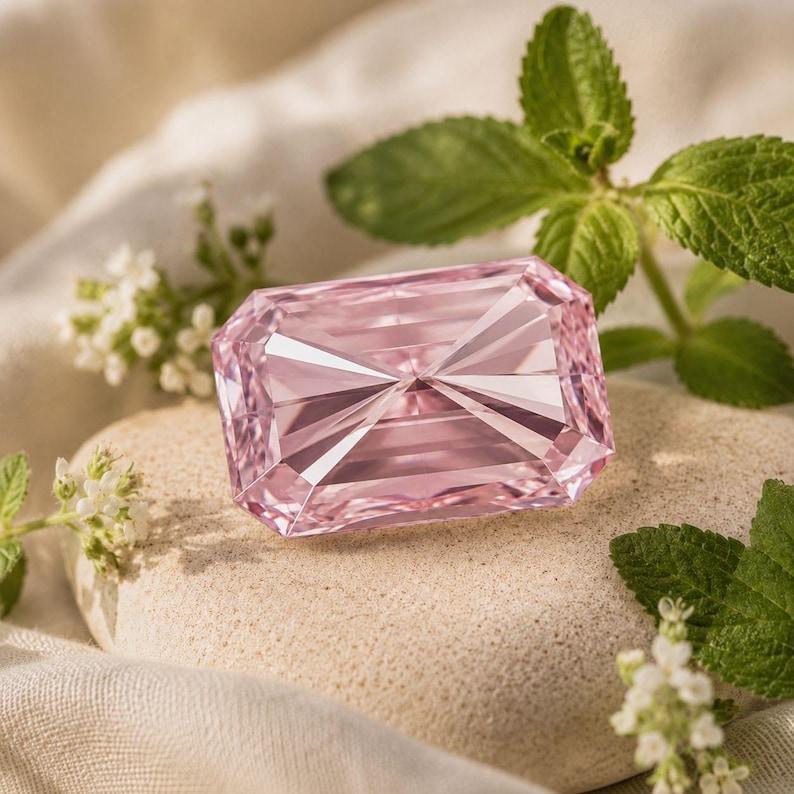 Op de afbeelding: Een rechthoekige, gefacetteerde roze edelsteen met een briljant slijpvorm, met scherpe geometrische lijnen en lichtreflectie. De steen ligt op een glad, lichtgekleurd stenen oppervlak, omringd door kleine groene blaadjes en witte bloemetjes.
