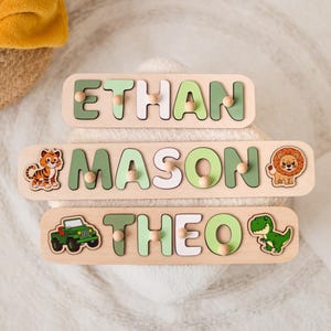 Green Name Puzzle With Elements: Dino, Truck, Lion, Tiger