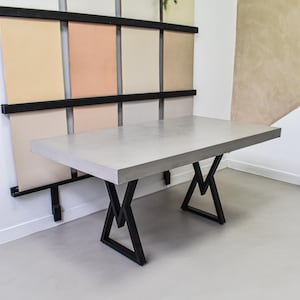May include: A rectangular concrete table with black metal legs in an X-shape. The table is in front of a wall with color swatches in shades of beige, peach, and cream. A green plant hangs from the top of the wall.
