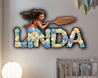 Wooden Letter Name Sign, Disney Princess Moana, Custom Wall Decor, Personalized Kids Room Decor, Birthday Gift for Girls