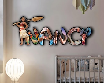 Wooden Letter Name Sign, Disney Princess Moana, Custom Wall Decor, Personalized Kids Room Decor, Birthday Gift for Girls