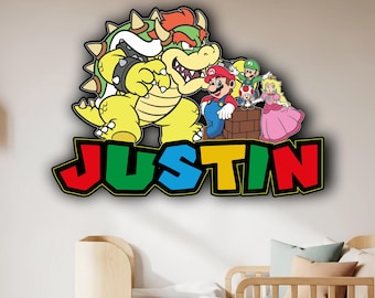 Super Mario Wooden Name Sign, Personalized Wall Decor, Game Inspired Kids Bedroom Art, Door Sign, Customized Gift, Nursery Room Decoration
