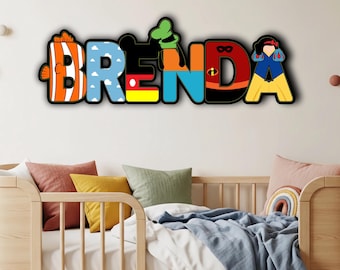 Custom Letter Name Wall Sign, Disney Characters Wooden Wall Decor, Personalized Kids Room Art, Elsa Ariel Aurora Moana, Birthday Gift