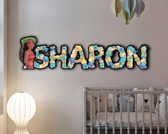 Wooden Letter Name Sign, Disney Princess Moana, Custom Wall Decor, Personalized Kids Room Decor, Birthday Gift for Girls