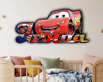 Disney Cars Name Sign Wall Decor, Lightning Mcqueen Birthday Decor, Custom Wall Art, Wooden Wall Decor, Personalized Kids Room Gift