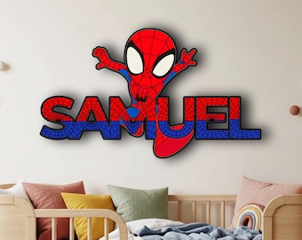 Spiderman Wooden Name Sign, Personalized Wall Decor, Marvel Superhero Boy Bedroom Art, Door Hanger, Customized Gift, Nursery Room Decoration