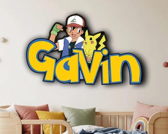 Pokemon Wooden Name Sign, Personalized Wall Decor, Game Inspired Kids Room Art, Pikachu Door Sign, Customized Gift, Nursery Room Decoration