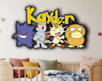 Pokemon Wooden Name Sign, Personalized Wall Decor, Game Inspired Kids Room Art, Pikachu Door Sign, Customized Gift, Nursery Room Decoration