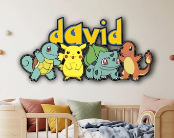 Pokemon Wooden Name Sign, Personalized Wall Decor, Game Inspired Kids Room Art, Pikachu Door Sign, Customized Gift, Nursery Room Decoration