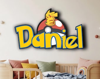 Pokemon Wooden Name Sign, Personalized Wall Decor, Game Inspired Kids Room Art, Pikachu Door Sign, Customized Gift, Nursery Room Decoration