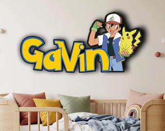 Pokemon Wooden Name Sign, Personalized Wall Decor, Game Inspired Kids Room Art, Pikachu Door Sign, Customized Gift, Nursery Room Decoration