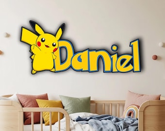 Pokemon Wooden Name Sign, Personalized Wall Decor, Game Inspired Kids Room Art, Pikachu Door Sign, Customized Gift, Nursery Room Decoration