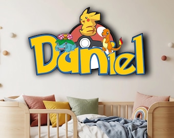 Pokemon Wooden Name Sign, Personalized Wall Decor, Game Inspired Kids Room Art, Pikachu Door Sign, Customized Gift, Nursery Room Decoration