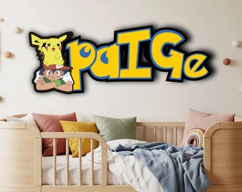 Pokemon Wooden Name Sign, Personalized Wall Decor, Game Inspired Kids Room Art, Pikachu Door Sign, Customized Gift, Nursery Room Decoration