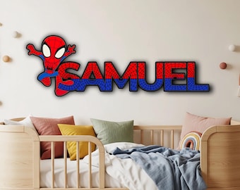 Spiderman Wooden Name Sign, Personalized Wall Decor, Marvel Superhero Boy Bedroom Art, Door Hanger, Customized Gift, Nursery Room Decoration