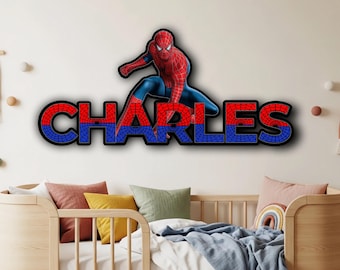 Spiderman Wooden Name Sign, Personalized Wall Decor, Marvel Superhero Boy Bedroom Art, Door Hanger, Customized Gift, Nursery Room Decoration