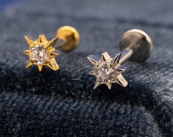 Star Tragus Piercing, 16G Titanium Crystal Helix Earring