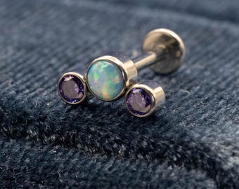 Opal Curved Helix Flat Back Earring, 16G Titanium Curved Helix Piercing, Threaded Labret, Conch Jewelry, Cartilage Earring, Flat Piercing