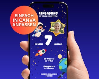 Digital children's birthday party invitation astronaut-themed (German) | Editable Canva template | Space & Photo | Digital