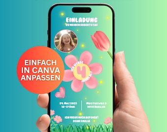 Digital birthday party invitation for girls, flower design | Editable Canva template | Tulips & Photo | Digital