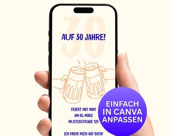 Digital birthday invitation for men • Beer-themed invitation design • Mobile birthday invitation • Canva template • Instant download • Party invitation