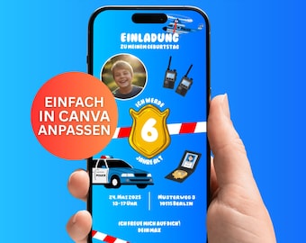 Digital invitation for a children's birthday party with a police theme (German) | Editable Canva template | Police car & photo | Digital