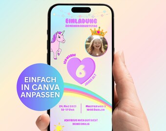 Digital Unicorn Rainbow Children's Birthday Party Invitation (German) | Editable Canva Template | Rainbow & Photo | Digital