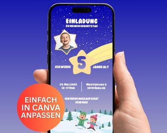 Digital children's birthday invitation, winter snow party, German | Editable Canva template | Snow & Photo | Digital