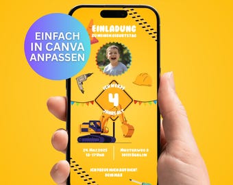 Digital invitation for a children's birthday party with a construction site theme (German) | Editable Canva template | Excavator & photo | Digital