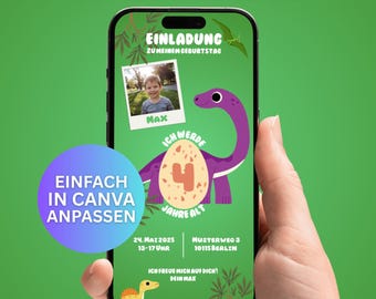 Digital Dinosaur-Themed Children's Birthday Party Invitation (German) | Editable Canva Template | Photo Placeholder | Digital