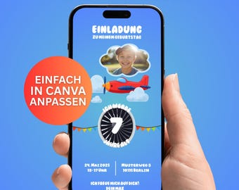 Digital invitation for a children's birthday party, airplane-themed, Canva template, German editable invitation, instant download, customizable