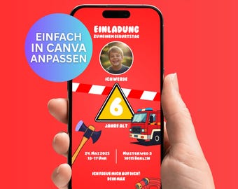 Digital invitation for a children's birthday party with a fire truck theme (German) | Editable Canva template | Photo placeholder | Digital