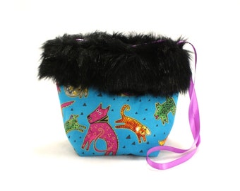 Child's Purse with Faux Fur Trim and Laurel Burch Doggies on Turquoise