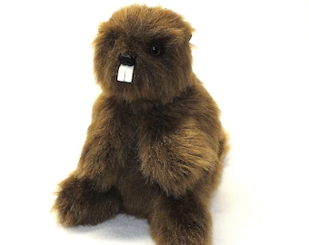 May include: A plush brown beaver toy with a fluffy, textured appearance. The stuffed animal has small black eyes and two large, white front teeth. The beaver is sitting upright on a white background.