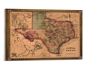 Impresión antigua del mapa de Texas de Schonberg, mapa coloreado del siglo XIX, arte mural rústico con marco, decoración cartográfica del Golfo de México.