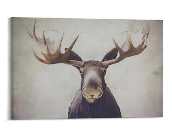 Gran lienzo vintage de alce con astas rústicas, arte de pared, decoración de bosque neutro para cabaña, guardería, albergue