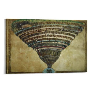 May include: A framed print depicting a detailed, multi-layered illustration of a conical structure, possibly a depiction of hell. The artwork features various figures and architectural elements in shades of brown, beige, and green, with a gold-toned frame.