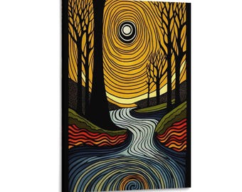 Impresión en lienzo de paisaje de río abstracto, arte de pared bohemio moderno con luna y bosque, póster psicodélico con remolinos de corriente