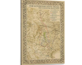 Vintage Lonesome Dove Trail Map Print Comanche Moon Wars Antique Western Map Wall Art Rustic Cowboy Decor