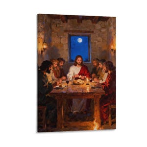 May include: A framed print of a religious scene depicting a group of men gathered around a wooden table. The central figure, wearing a white robe and red shawl, is breaking bread. The scene is illuminated by candlelight and a moonlit window.