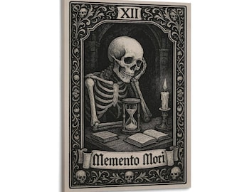Lámina artística de Tarot Memento Mori XII: Esqueleto con reloj de arena y vela, decoración de pared gótica de Vanitas, ilustración vintage en blanco y negro
