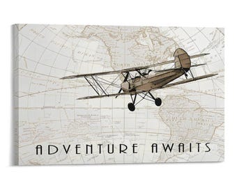 Arte mural de avión vintage "Aventura te espera", impresión de mapa de viaje, decoración de habitación infantil con biplano retro, lienzo de aviación, póster imprimible